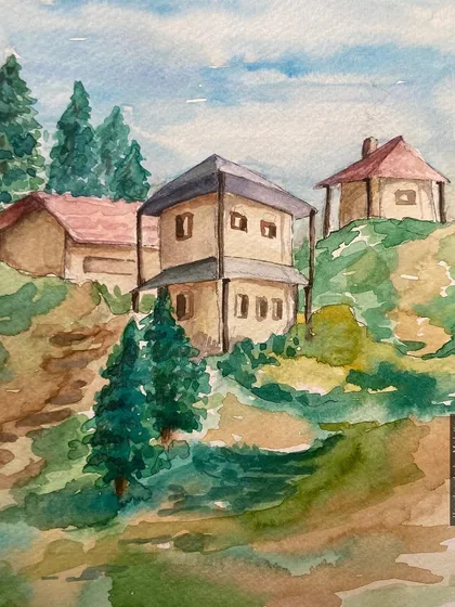 A detailed crop of my 'Pahaad wale ghar' watercolor. This view lets you see the brushstrokes and the way the colors blend to create the foliage and structure of the houses.