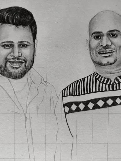 The beginning stages of a large A3 family portrait. Here, I've sketched two family members and am preparing to add the third, showing how I combine multiple subjects.