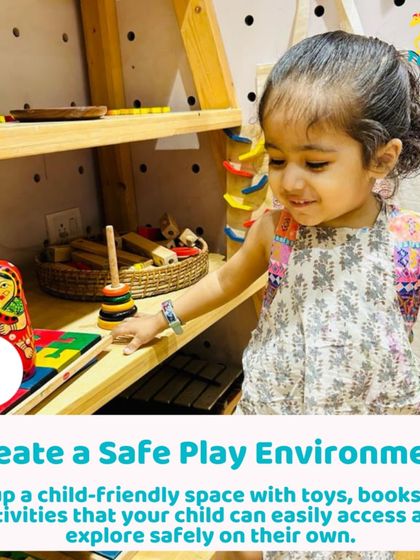 A toddler explores the toys on our accessible shelves. I create a safe play environment where children can easily choose their own activities and explore independently.