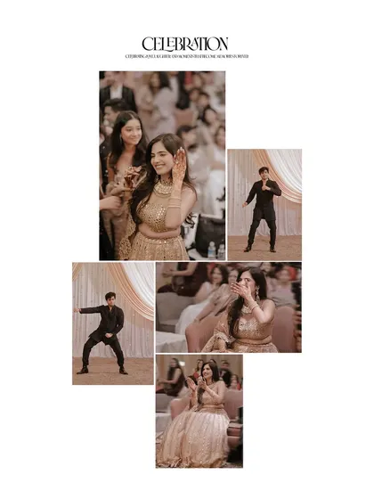 A photo story from an engagement, capturing the groom's dance performance and the bride's happy reactions.