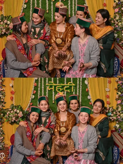 The bride with her squad, all dressed in traditional Himachali caps, for a memorable group photo.
