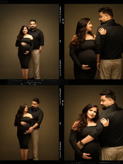 A filmstrip-style collage showing a series of sweet and classic poses for a couple's maternity shoot. This is a great way to capture multiple moments in one image.