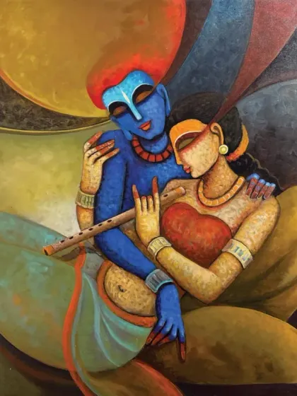 A vibrant acrylic on canvas painting depicting the divine love of Radha and Krishna in a colorful, modern style.