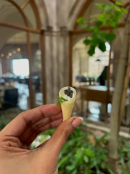 A delicate caviar cornet, a signature bite-sized appetizer from our luxury catering menu, held against the backdrop of the stunning Six Senses Fort Barwara.