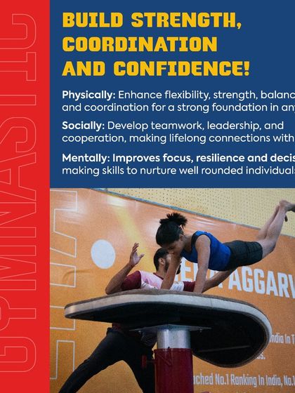 This graphic highlights the physical, social, and mental benefits of our gymnastics program. The image shows a student practicing on the vaulting horse with a coach's assistance, demonstrating how we build strength, coordination, and confidence.