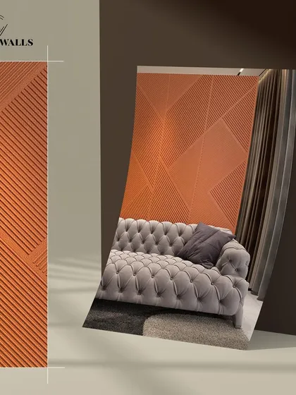 We design textures for your walls to elevate your interiors with style. This panel features intersecting diagonal lines in a rich terracotta color, adding a strong geometric element to the space.