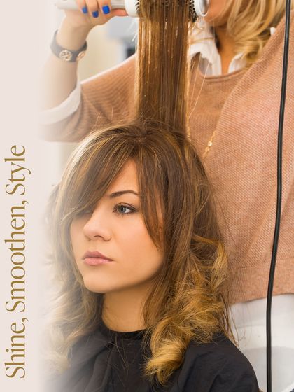 Shine, smoothen, and style. A stylist uses a round brush and blow dryer to create a smooth, bouncy finish with beautifully shaped ends.