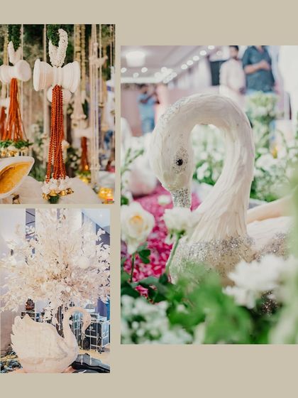 A collage from the floral-themed Satsang, showcasing the elegant swan figures and traditional decor elements that created a dreamy and spiritual atmosphere.