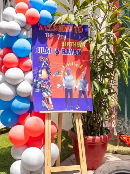 A personalized welcome sign for Bilal & Rayan's 7th birthday bash. We believe these little details make the birthday kids feel extra special on their big day.