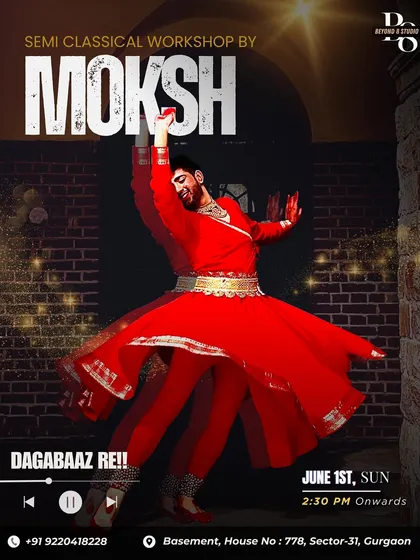 A poster for a free semi-classical workshop on the song 'Dagabaaz Re'. The dynamic pose of the instructor in full costume showcases the beauty and drama of this dance form.