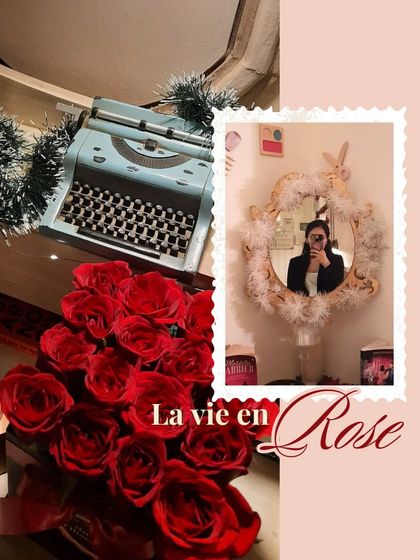 La vie en rose. This collage captures the romantic details of the cafe, from the vintage typewriter and mirror to the beautiful bouquets of red roses that often adorn our tables.