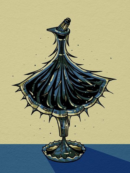 A sharp, wing-like perfume bottle design.