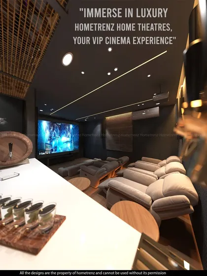 The view from the integrated bar, looking towards the screen. This perspective highlights the social aspect of the home theaters I design, creating a VIP experience where you can entertain guests before the film begins.