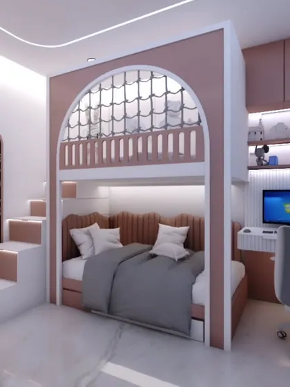 A creative and playful bedroom designed for two sisters, featuring custom bunk beds with an arched design, a dedicated study nook, and soft pastel tones. This space is built for both dreams and homework.