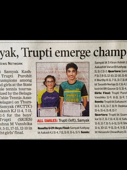 "Samyak, Trupti emerge champions." This Times News Network article covers the Belagavi district State Ranking Tournament, where our player Samyak emerged as the U-19 boys' champion.