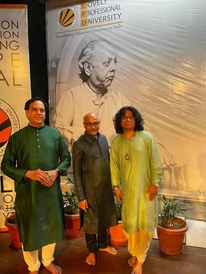 A photo from the Ustad Alla Rakha Sangeet Sammelan in Punjab, where I performed with Sridhar Parthasarthy on mridangam and Nishikant Barodekar on tabla.