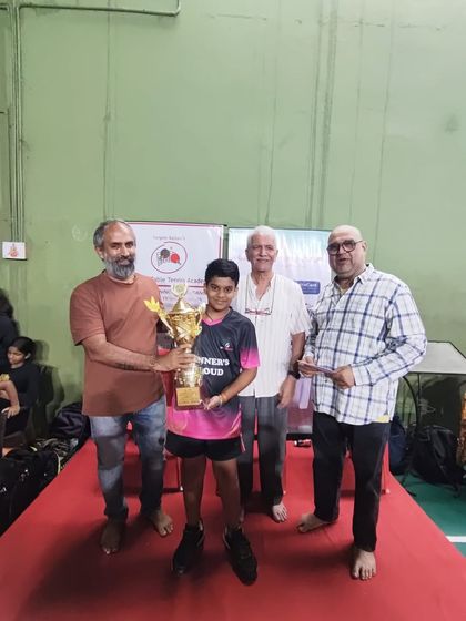 Sharvil continues his winning form, here receiving the Boys Under 11 Singles title trophy at the Karnataka state ranking tournament in Belgaum.