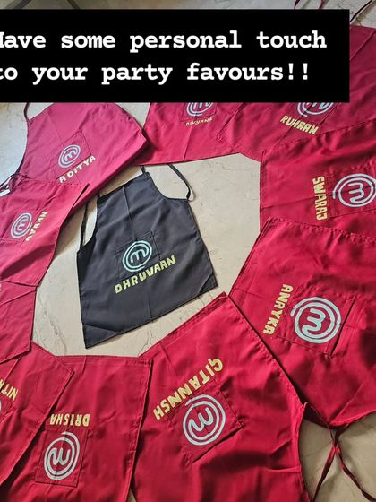 Add a personal touch to your party favors. These hand-painted aprons with custom names are a wonderful way to make your guests feel special.