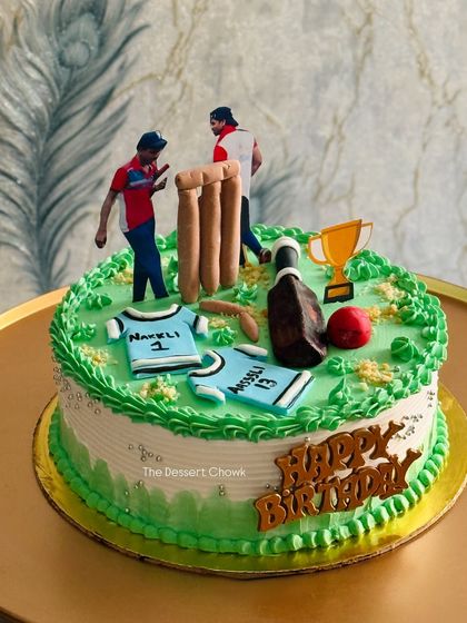 A perfect cake for a cricket lover's birthday. This design features a pitch, wickets, bat, ball, and player figures, capturing the excitement of the game.