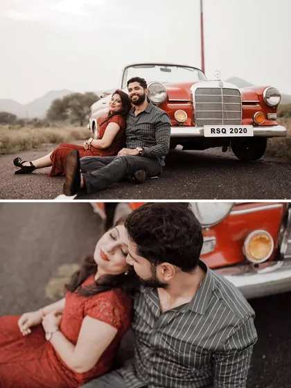 Quiet moments and shared glances on a country road. These shots focus on the couple's connection, using the vintage car as a prop to build a narrative of a romantic journey together.