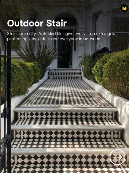 Stairs can be risky, especially outdoors. Anti-skid tiles give every step extra grip, protecting kids, elders, and everyone in between, as seen on this striking checkerboard staircase.