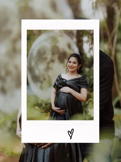 A polaroid-style portrait of the mother-to-be, with the giant moon prop creating a dreamy background.