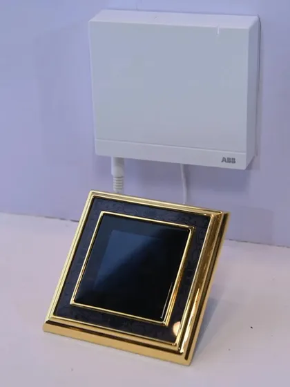 A close-up of an ABB control panel and a luxury-finish keypad at our booth. We showcase a variety of styles and finishes to demonstrate the breadth of design possibilities available to our partners.