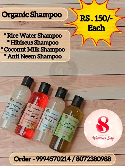 My range of organic, sulfate free shampoos. I offer four variants: Rice Water for shine, Hibiscus for conditioning, Coconut Milk for nourishment, and Anti Neem for a clean scalp.