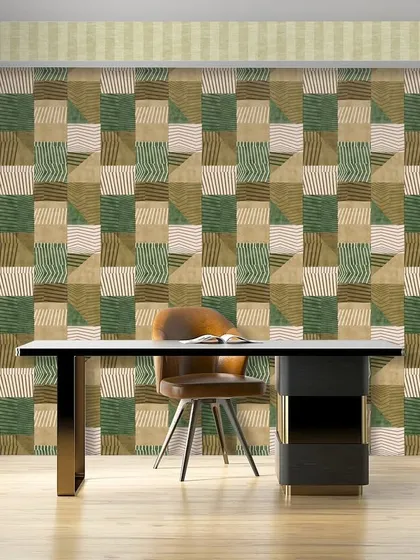 A creative geometric pattern combining squares of different textures and shades of green and brown. This design is perfect for a modern office or study, adding a dynamic and artistic touch.