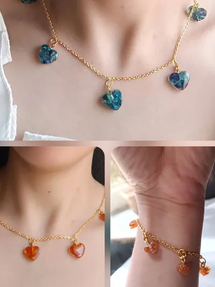 Here you can see how the custom heart-charm necklaces and bracelets look when worn. They are light, personal, and a beautiful way to keep special flowers close.