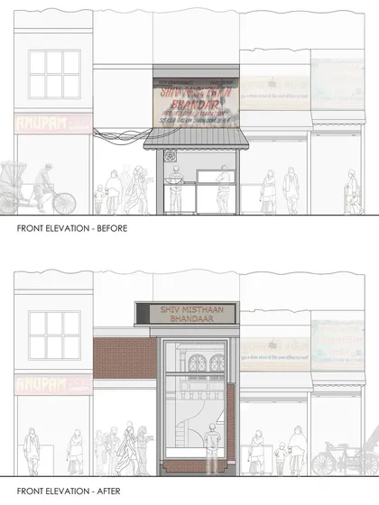 A before-and-after elevation drawing for the Shiv Mishthan Bhandar. This illustrates our process of transforming a standard storefront into a contextually relevant facade inspired by the architecture of Chandni Chowk's havelis.