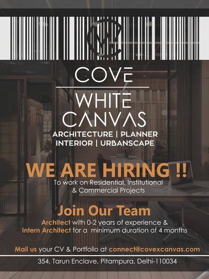 An opening for a junior architect with 0-2 years of experience at Cove White Canvas in Delhi, focusing on residential, institutional, and commercial projects.