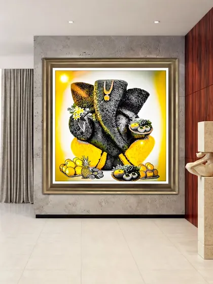 A digital Ganesha painting presented in a mockup frame with a warm, yellow-gold theme. This shows how the artwork can bring a sense of opulence and divinity to a modern living space.