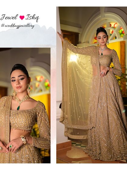 A full view of the Moissanite Polki and emerald set. The necklace sits perfectly on the collarbone, making it a great choice for blouses with wider necklines.