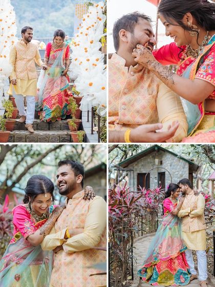 A collage of the couple's playful and romantic moments during their colorful Mehendi ceremony.