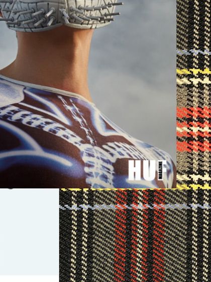 A detail shot from my HUF Magazine editorial, focusing on the juxtaposition of a graphic, anatomical-print top against a classic plaid pattern. This highlights my interest in mixing modern graphics with traditional textiles.