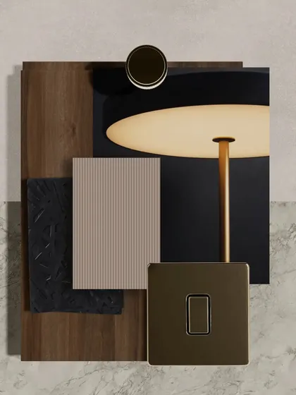 A moodboard exploring design sophistication. Black accents intertwine with warm walnut wood, while statement lights and metallic elements add depth and a touch of glamour.