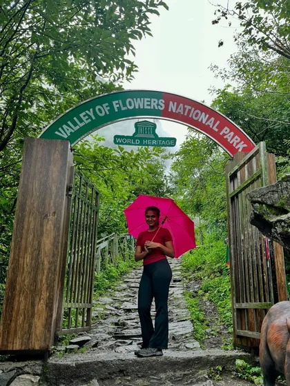 A trekker at the entrance of the Valley of Flowers National Park, a UNESCO World Heritage Site. The stone path leads into a world of alpine flowers.