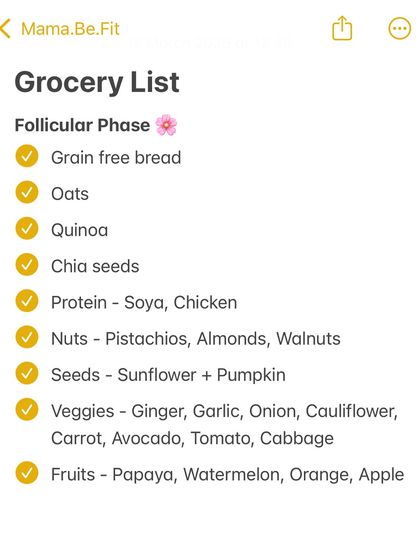 During your follicular phase, your energy is rising. This grocery list includes foods to support estrogen metabolism, like grain-free bread, oats, chicken, and plenty of fresh vegetables.