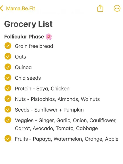 During your follicular phase, your energy is rising. This grocery list includes foods to support estrogen metabolism, like grain-free bread, oats, chicken, and plenty of fresh vegetables.