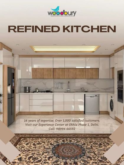 A concept for a refined kitchen, blending white high-gloss cabinets with warm wood accents. This design includes integrated spaces for a dishwasher and washing machine, showing how we plan for every appliance.