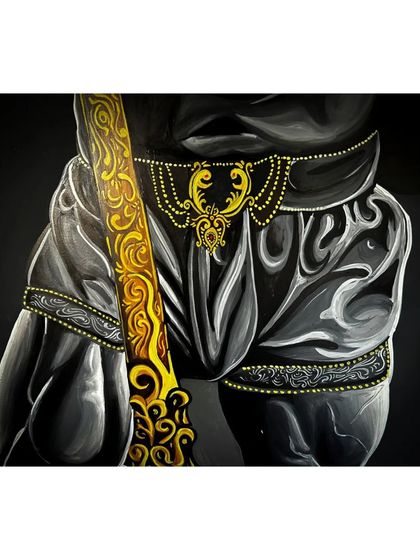 An identical shot of the waist detail. The delicate golden jewelry contrasts with the powerful physique, creating a balanced and visually interesting composition.