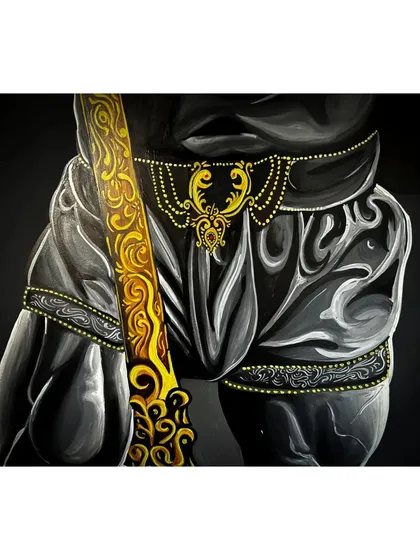 An identical shot of the waist detail. The delicate golden jewelry contrasts with the powerful physique, creating a balanced and visually interesting composition.