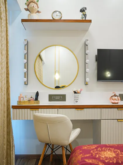 A front-on view of the dresser, showing the clean lines and thoughtful accessory placement that make it a functional and beautiful focal point.