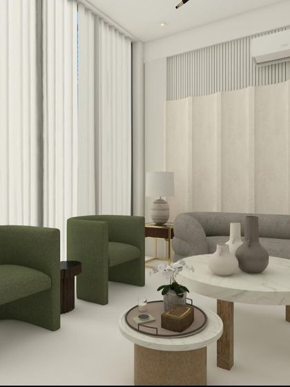 This 3D render shows the full seating arrangement with a mix of sofa styles and accent chairs in green, creating a dynamic and modern living room.