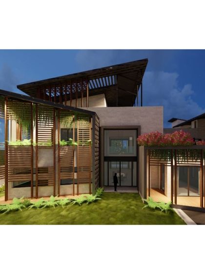 A render by Pranaya for a residence in Uttarakhand, featuring a complex interplay of wooden screens and green elements that showcases her nuanced design approach.