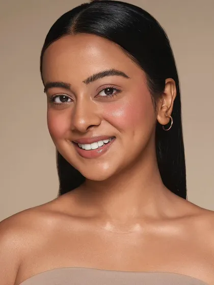 This look, for a blush campaign, features a beautiful rosy flush on the cheeks. The skin has a radiant, dewy finish, and the rest of the makeup is kept simple to let the healthy glow be the focus.