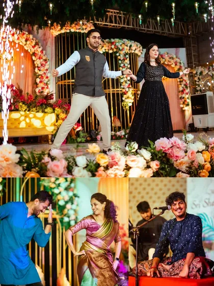 A collage showcasing the lively Sangeet performances by the couple and their friends and family.