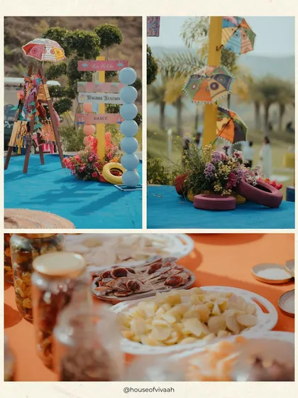 A collage of details from the Kite Carnival, including whimsical directional signs, colorful umbrella props, and traditional Indian snacks, capturing the fun and lively spirit of the event.