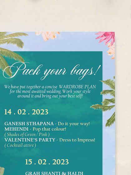 A close-up of the wardrobe planner, showing the clear, concise layout. This helps guests easily see the schedule and suggested attire for the entire wedding celebration.